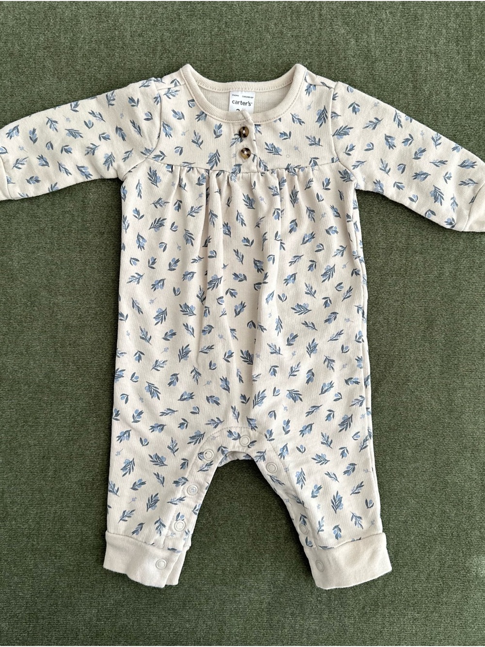 Carter's Baby Girl 3M Romper Jumpsuit Blue Floral Botanical Cream wood button